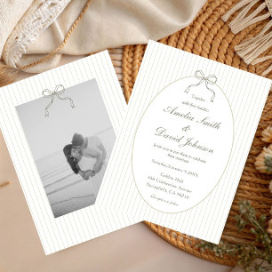 Chic Bow Minimalist Stripe Green Wedding  Invitation