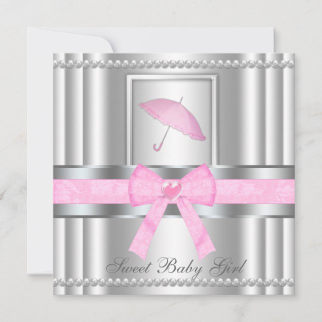 Chic Bowed Silver & Pink Baby Shower Invite (Front)