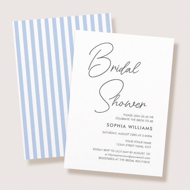 Chic Bridal Shower Modern Script Blue Stripes Invitation (Creator Uploaded)