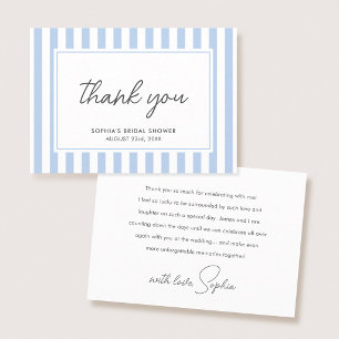 Chic Bridal Shower Modern Script Blue Stripes Thank You Card
