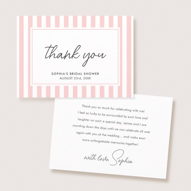 Chic Bridal Shower Modern Script Pink Stripes Thank You Card (Creator Uploaded)