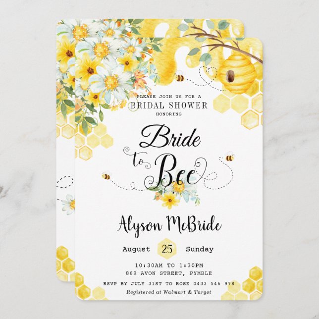 Chic Bride to Bee Yellow Floral Bridal Shower  Invitation (Front/Back)