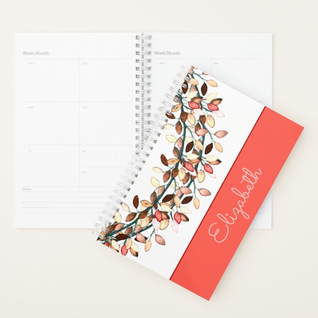 Chic Bridesmaid Coral Name Leafy Branch Custom Planner (Display)