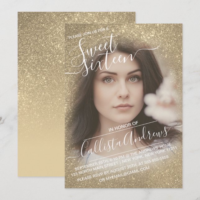 Chic Bright Gold Glitter Ombre Photo Graduation Invitation (Front/Back)