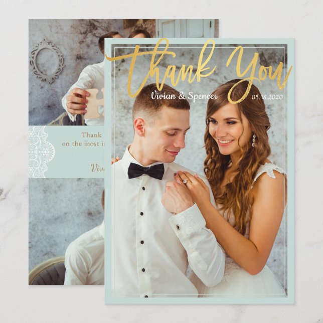 Chic Bright Mint Faux Gold Script Photo Thank You (Front/Back)