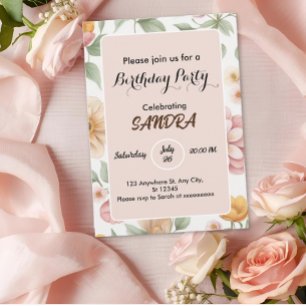 chic bright Pink Garden Floral Birthday Invitation
