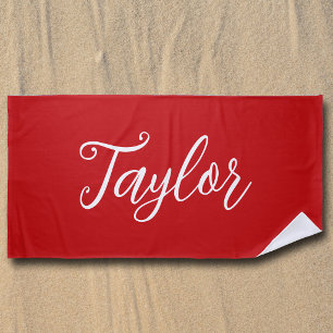 Chic Bright Red Custom Handwritten Script Beach Towel