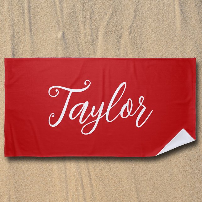 Chic Bright Red Custom Handwritten Script Beach Towel (Creator Uploaded)