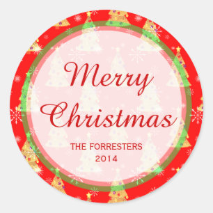 Chic Bright Red Green Christmas Tree Snowflakes Classic Round Sticker