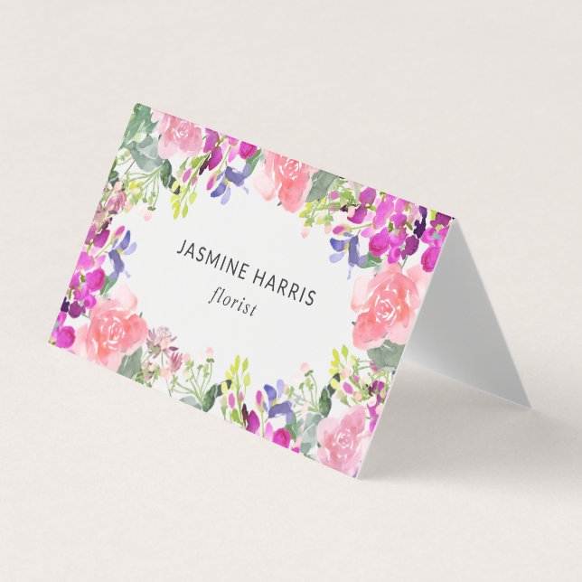 Chic Bright Watercolor Floral Folded Business Card (Front)