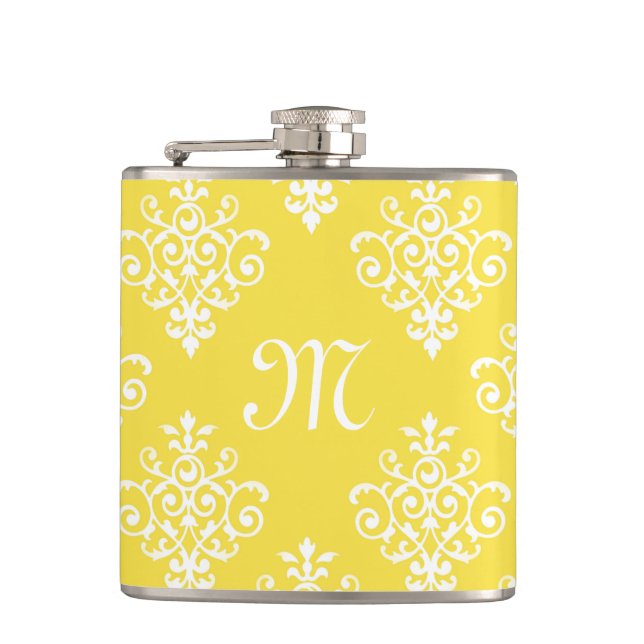Chic Bright Yellow Damask and Fashionable Monogram Hip Flask (Front)