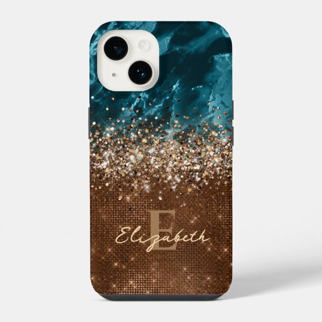 Chic Bronze Turquoise Glitter Marble monogram iPhone Case (Back)