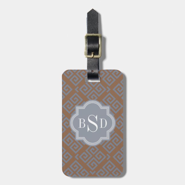 Chic brown abstract geometric pattern monogram luggage tag (Front Vertical)