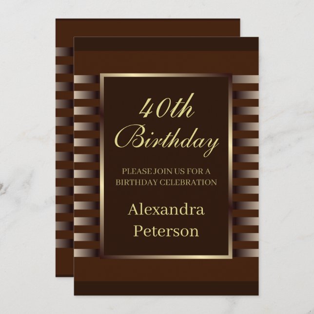 Chic Brown And Gold Stripes Geometric Birthday Invitation (Front/Back)