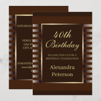 Chic Brown And Gold Stripes Geometric Birthday Invitation