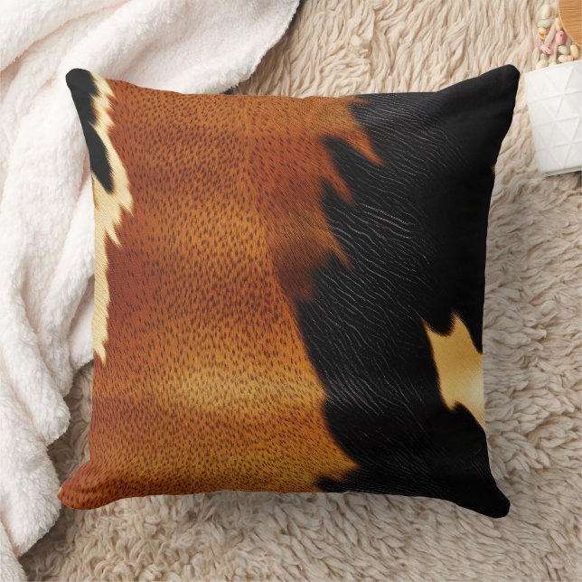 Chic Brown Black Cream Western Cowhide  Throw Pillow (Blanket)