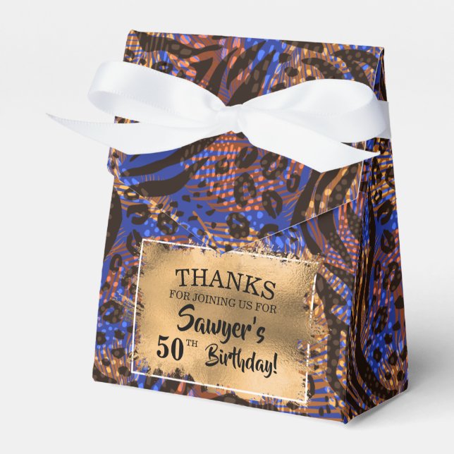 Chic Brown Blue Animal Print Faux Foil Favor Box (Front Side)