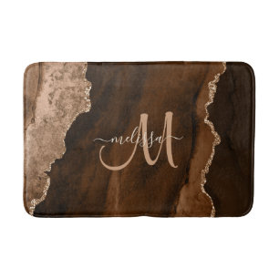 Chic Brown Blush Glitter Agate Custom Monogram Bath Mat