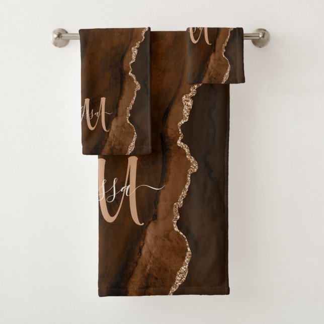 Chic Brown Blush Glitter Agate Custom Monogram  Bath Towel Set (Insitu)
