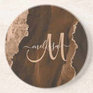 Chic Brown Blush Glitter Agate Custom Monogram Coaster