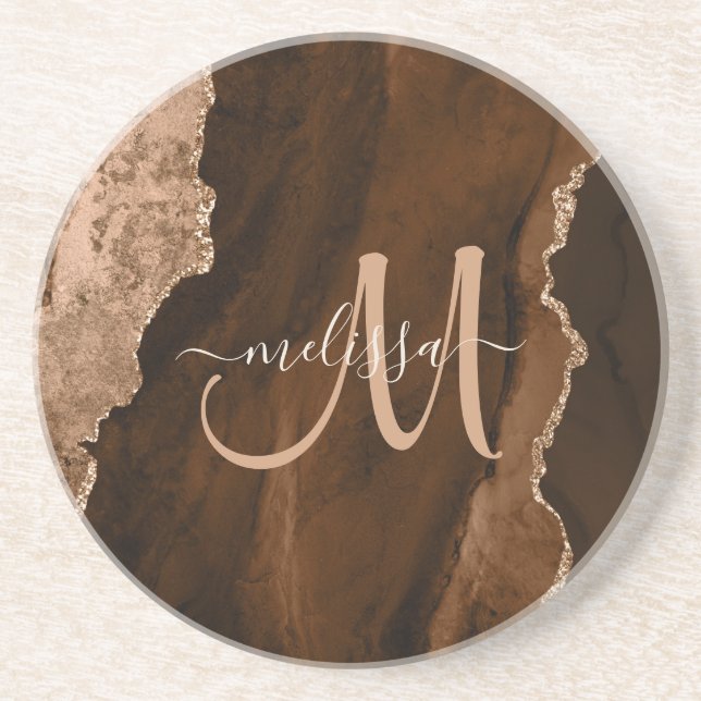 Chic Brown Blush Glitter Agate Custom Monogram Coaster (Front)