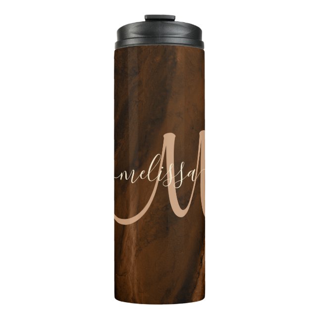 Chic Brown Blush Glitter Agate Custom Monogram Thermal Tumbler (Front)