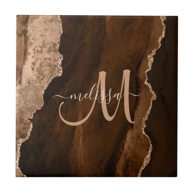 Chic Brown Blush Glitter Agate Custom Monogram  Tile (Front)