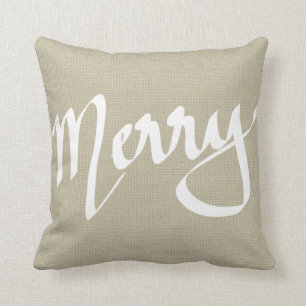 Chic Brown Burlap Merry Typography Christmas Throw Pillow