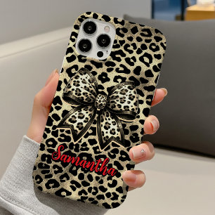 Chic Brown Coquette Leopard Bow Monogram iPhone 16 Case
