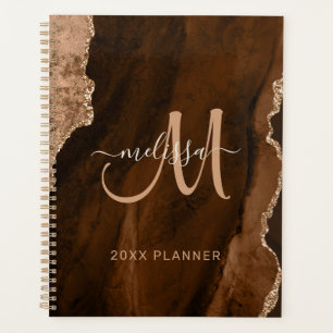 Chic Brown Gold Glitter Agate Custom Monogram 2023 Planner