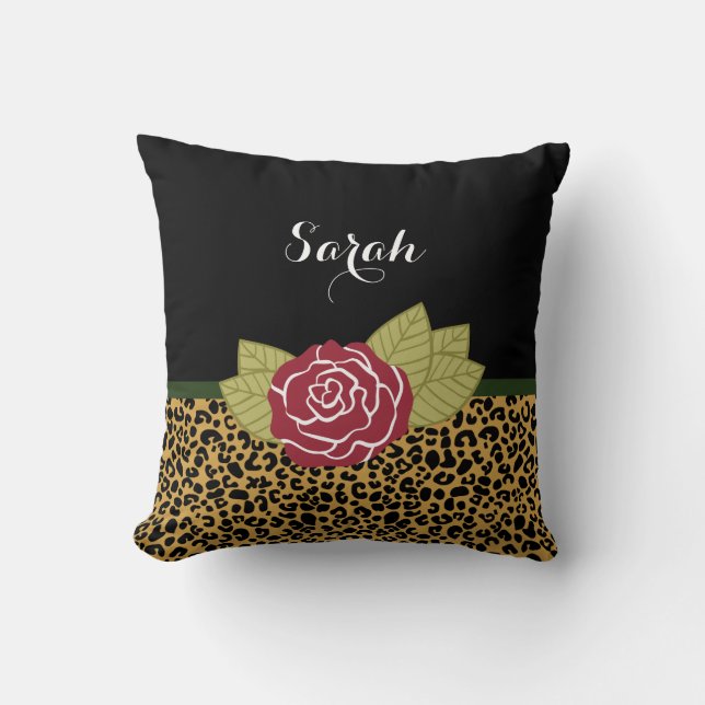 Chic Brown Gold Leopard Print Red Rose With Name Throw Pillow (Front)