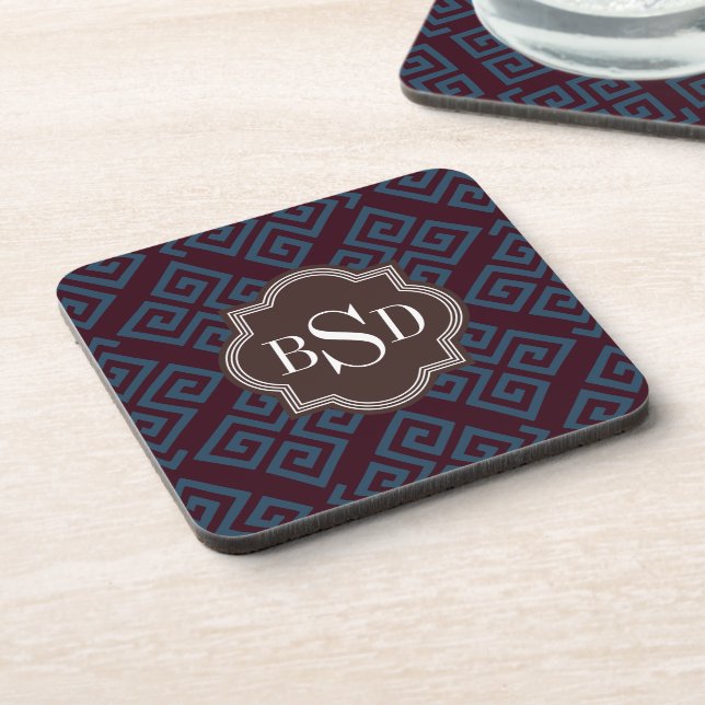 Chic brown greek key geometric patterns monogram coaster (Left Side)