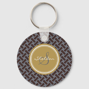Chic brown greek key geometric patterns monogram keychain