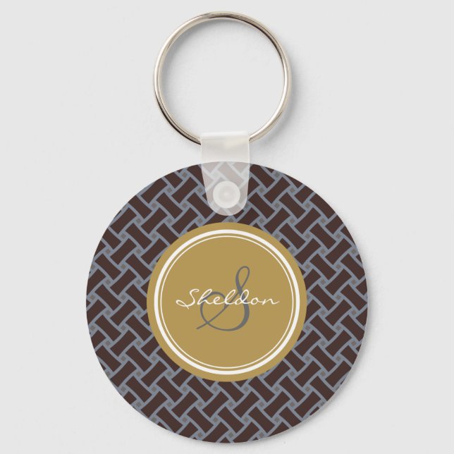 Chic brown greek key geometric patterns monogram keychain (Front)