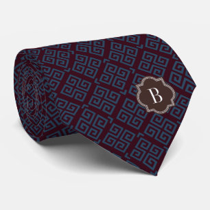 Chic brown greek key geometric patterns monogram tie