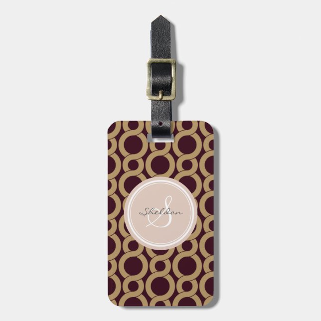 Chic brown interlocking circle pattern monogram luggage tag (Front Vertical)