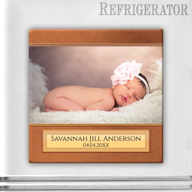 Chic Brown Rose Gold Baby Photo Magnet (Personalized baby photo magnet with a leather-look brown design with rose gold effects)