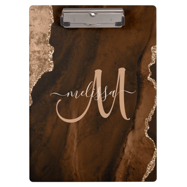 Chic Brown Rose Gold Glitter Agate Custom Monogram Clipboard (Front)