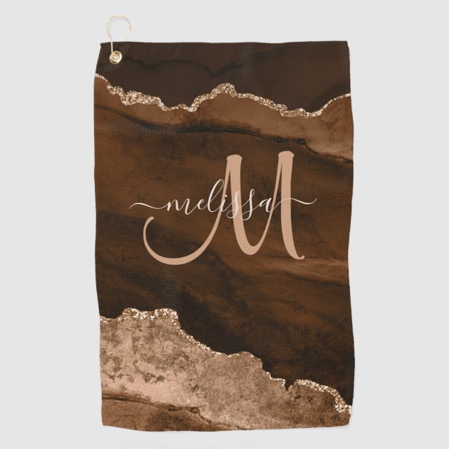 Chic Brown Rose Gold Glitter Agate Custom Monogram Golf Towel (Front)