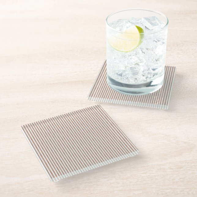 Chic Brown White Stripes Glass Coaster (Angled)