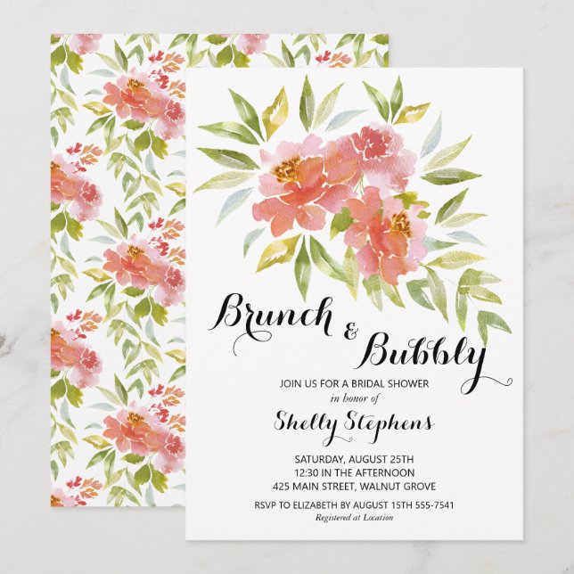 Chic Brunch and Bubbly Floral Bridal Shower Invitation (Front/Back)