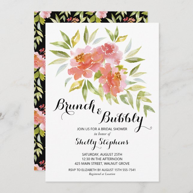 Chic Brunch and Bubbly Floral Invitations (Front/Back)