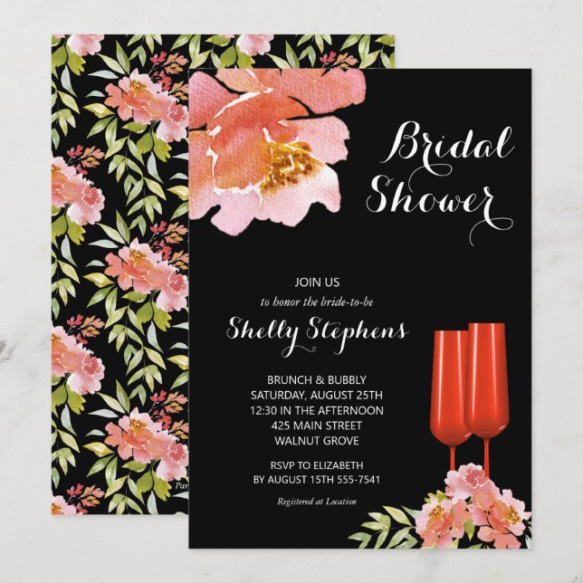 Chic Brunch et bulles florales Invitations (Devant / Derrière)