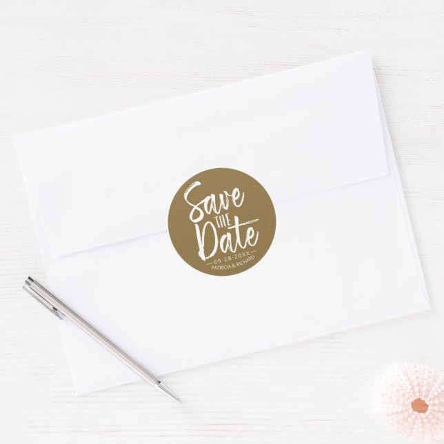Chic Brush Script Wedding Save The Date Classic Round Sticker (Envelope)