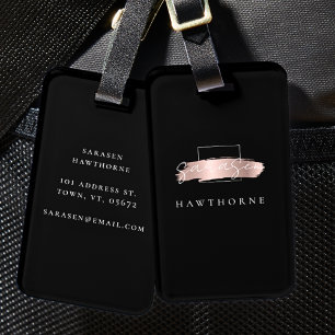 Chic Brush Stroke Black Faux Rose Gold Monogram Luggage Tag