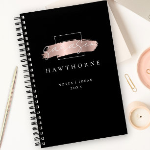 Chic Brush Stroke Black Faux Rose Gold Monogram Notebook