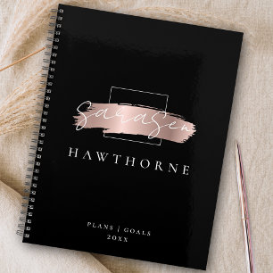Chic Brush Stroke Black Faux Rose Gold Monogram Planner