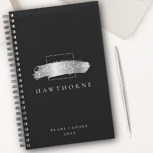 Chic Brush Stroke Black Faux Silver Brush Monogram Planner