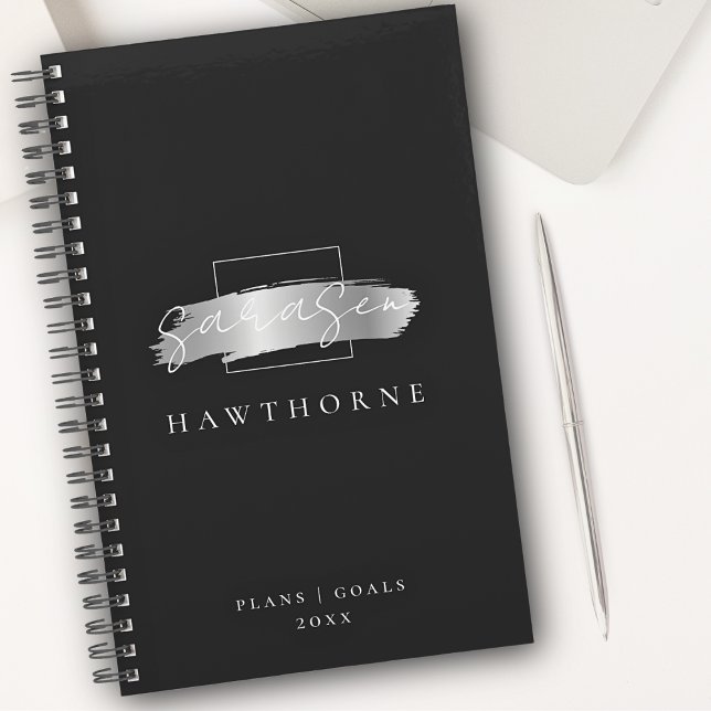 Chic Brush Stroke Black Faux Silver Brush Monogram Planner (Creator Uploaded)