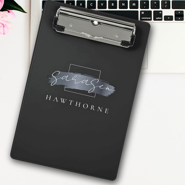 Chic Brush Stroke Black Faux Silver Grey Monogram Mini Clipboard (Creator Uploaded)